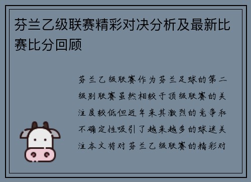芬兰乙级联赛精彩对决分析及最新比赛比分回顾