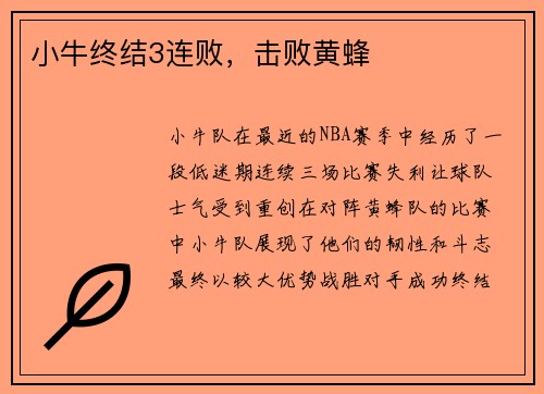 小牛终结3连败，击败黄蜂